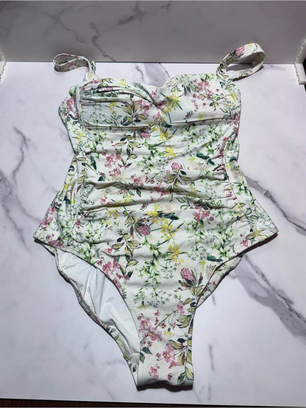 Floral One-Piece Swimsuit – White with Pink & Green Floral Print